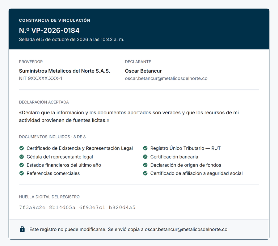 Constancia de vinculación sellada: número VP-2026-0184, fecha y hora, los ocho documentos incluidos, la huella digital del registro y el aviso de que no puede modificarse